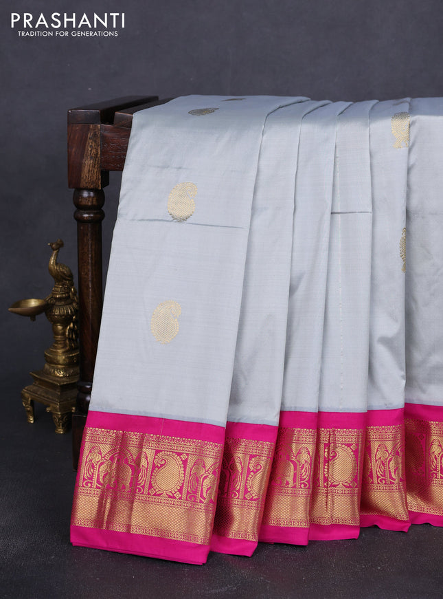 10 Yards pure kanchipuram silk saree pastel grey and pink with annam & paisley zari woven buttas and rich zari woven korvai border
