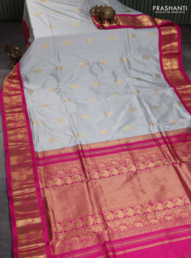 10 Yards pure kanchipuram silk saree pastel grey and pink with annam & paisley zari woven buttas and rich zari woven korvai border