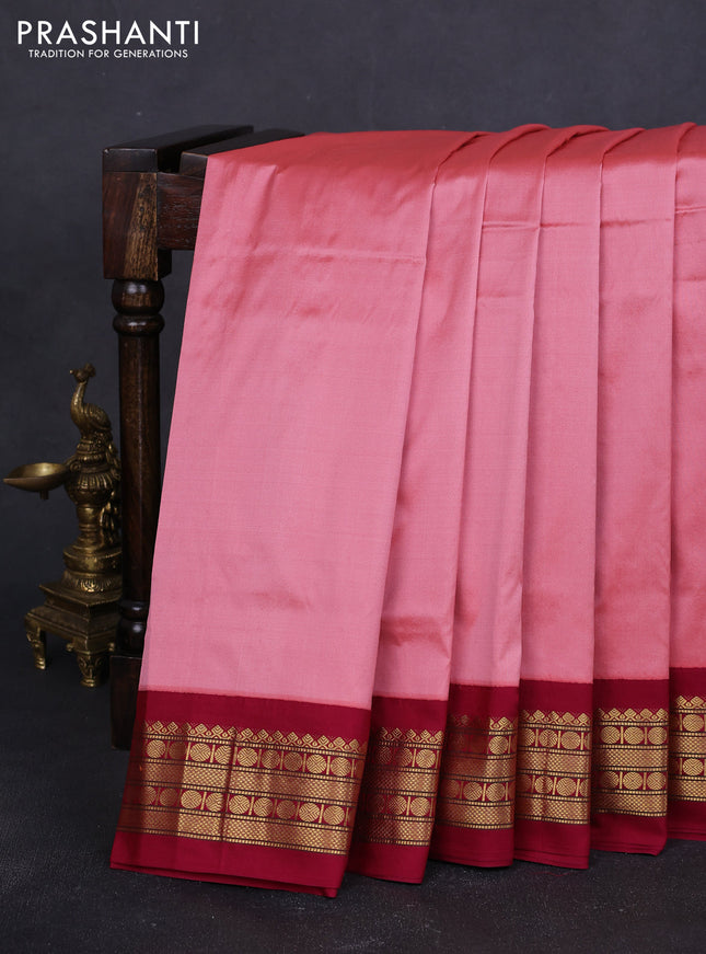 10 Yards pure kanchipuram silk saree peach pink and maroon with plain body and zari woven korvai border
