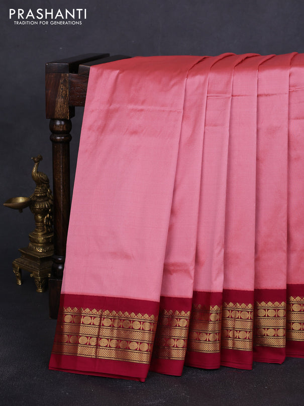 10 Yards pure kanchipuram silk saree peach pink and maroon with plain body and zari woven korvai border