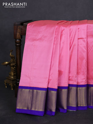 10 Yards pure kanchipuram silk saree light pink and blue with plain body and zari woven korvai border