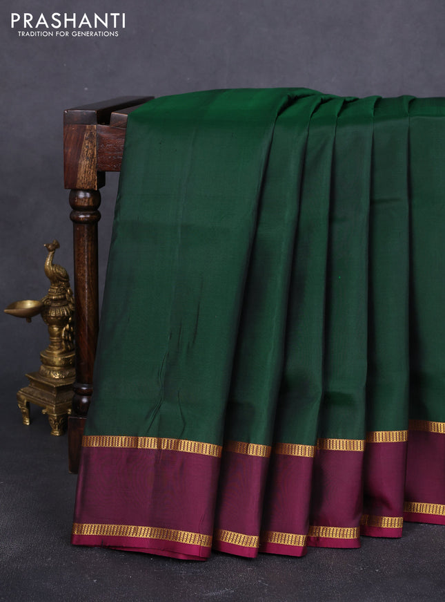 10 Yards pure kanchipuram silk saree bottle green and pink with plain body and rettapet zari woven border