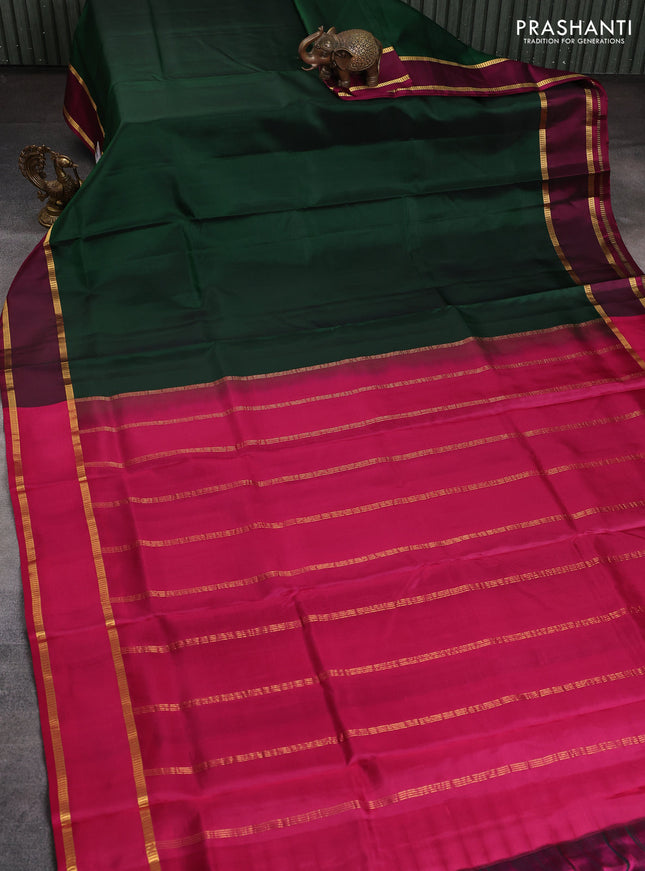 10 Yards pure kanchipuram silk saree bottle green and pink with plain body and rettapet zari woven border
