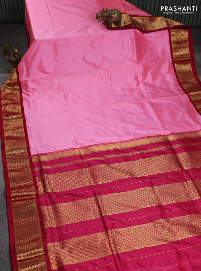 10 Yards pure kanchipuram silk saree peach pink and maroon with plain body and zari woven korvai border