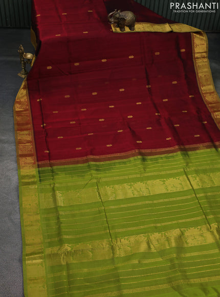 10 Yards silk cotton saree deep maroon and light green with zari woven buttas and zari woven border