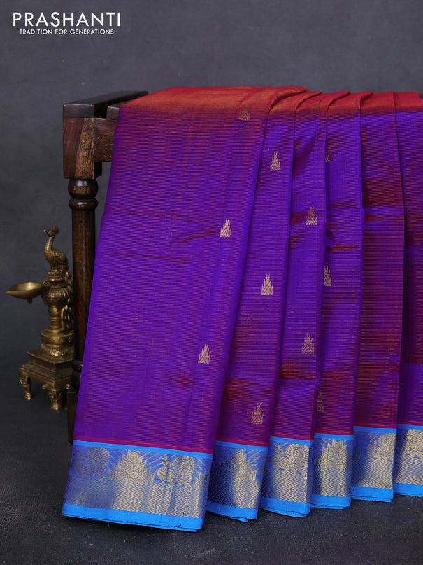 10 Yards silk cotton saree purple and cs blue with allover vairosi pattern & zari buttas and temple & annam zari woven border