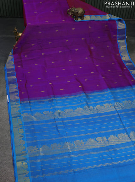 10 Yards silk cotton saree purple and cs blue with allover vairosi pattern & zari buttas and temple & annam zari woven border