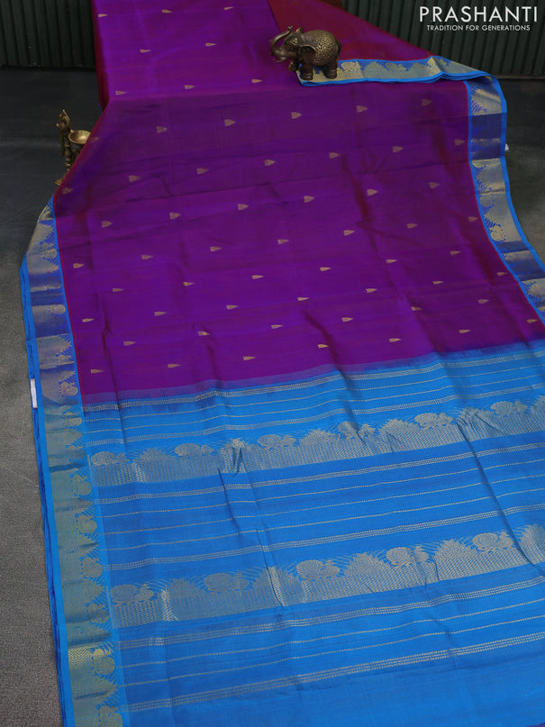 10 Yards silk cotton saree purple and cs blue with allover vairosi pattern & zari buttas and temple & annam zari woven border