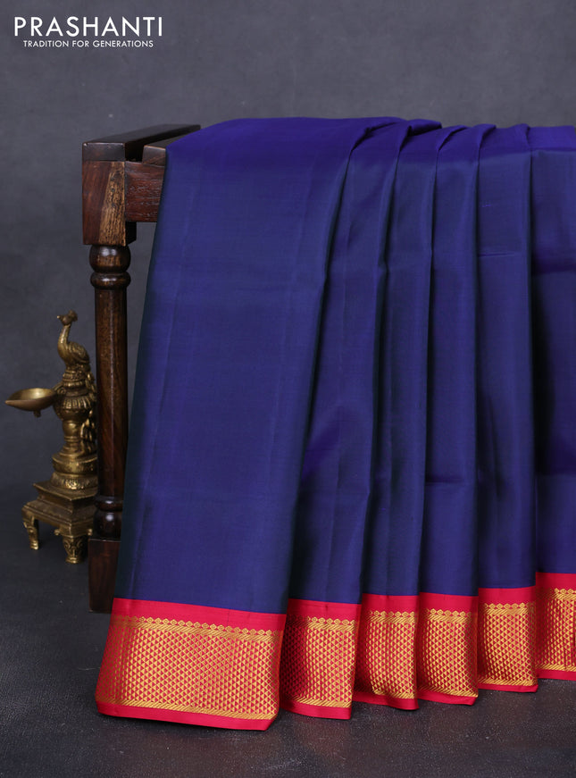 10 Yards pure kanchipuram silk saree dark blue and pink with plain body and zari woven korvai border