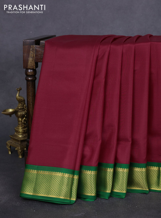 10 Yards pure kanchipuram silk saree maroon and green with plain body and zari woven korvai border