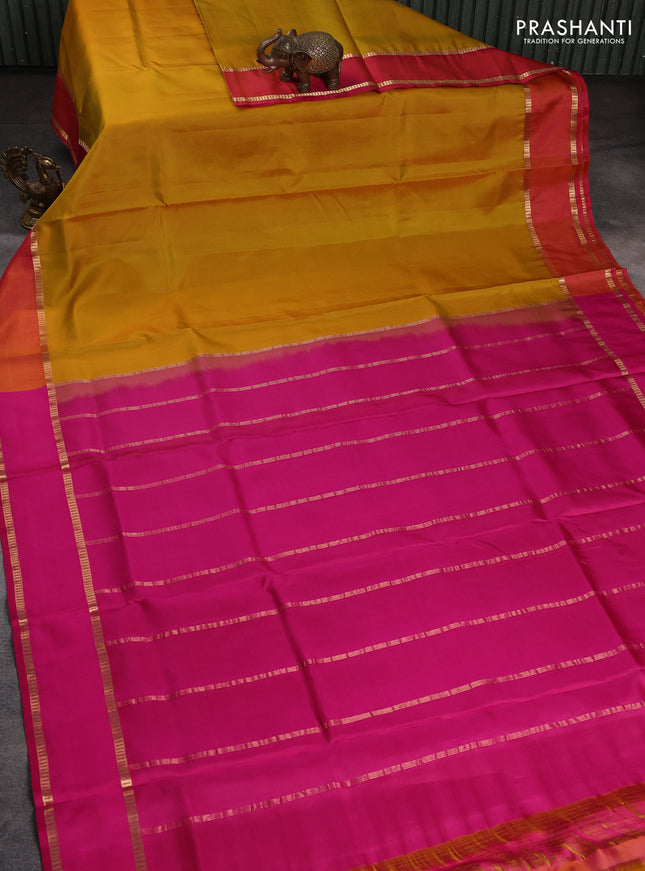 10 Yards pure kanchipuram silk saree mustard yellow and pink with plain body and rettapet zari woven border