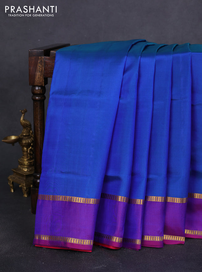 10 Yards pure kanchipuram silk saree dual shade of blue and pink with plain body and rettapet zari woven border