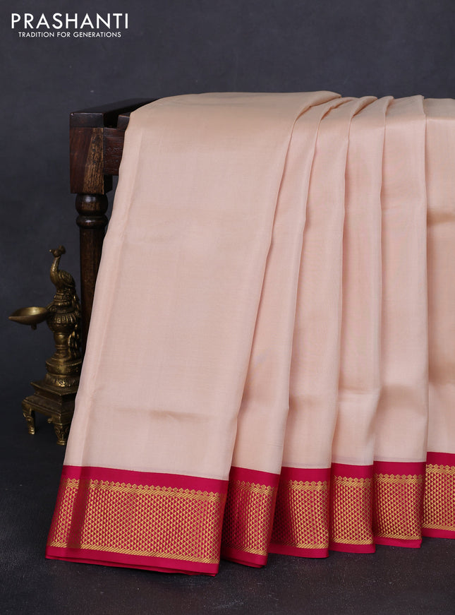 10 Yards pure kanchipuram silk saree cream and pink with plain body and zari woven korvai border