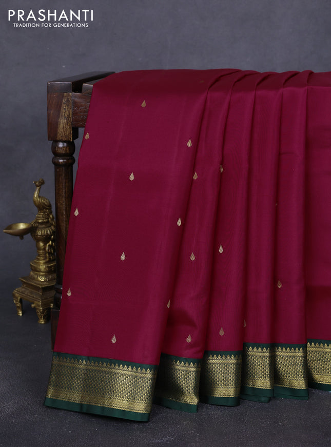 10 Yards pure kanchipuram silk saree maroon and bottle green with zari woven buttas and zari woven korvai border