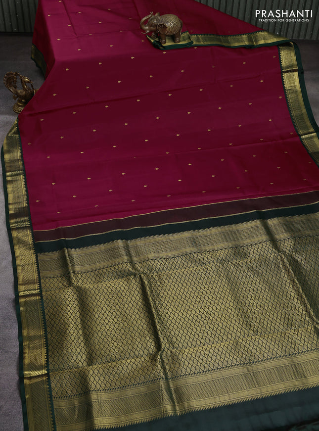 10 Yards pure kanchipuram silk saree maroon and bottle green with zari woven buttas and zari woven korvai border