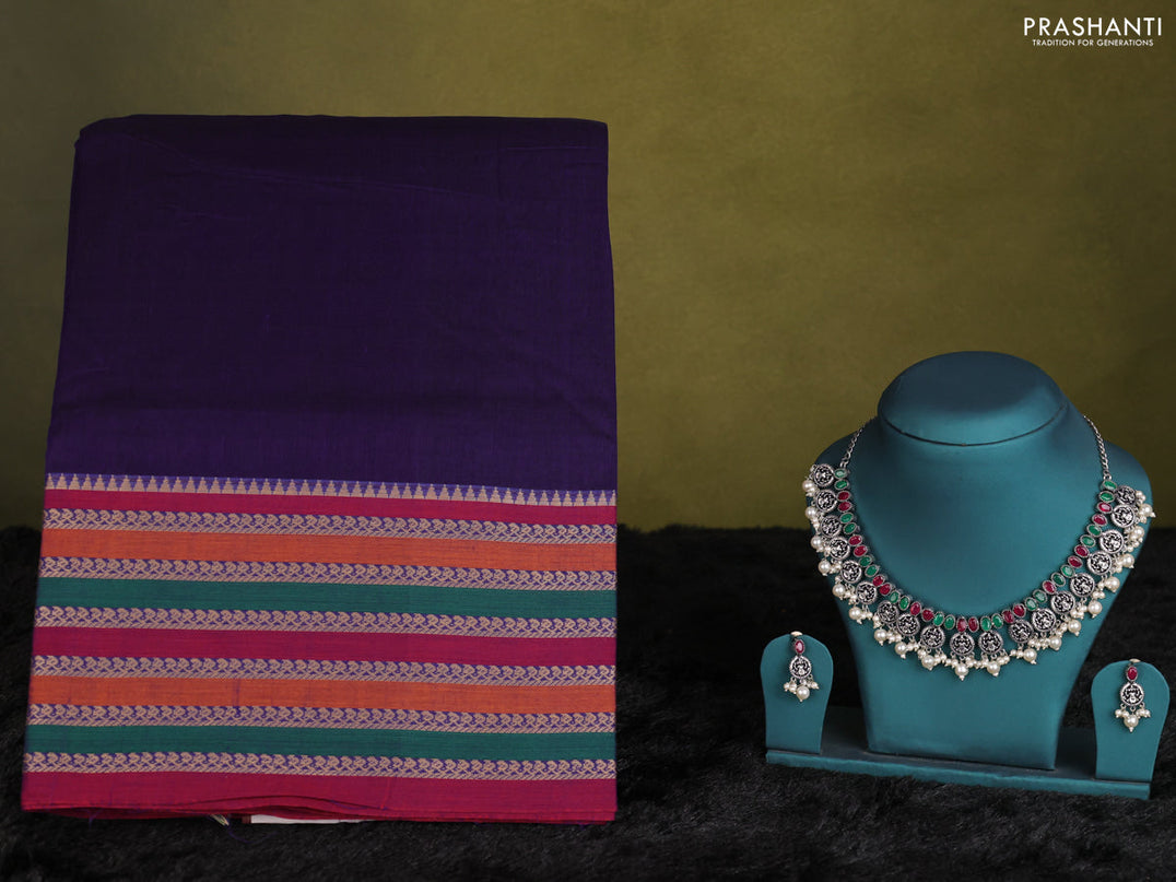 Violet narayanpet cotton saree with matching neck piece