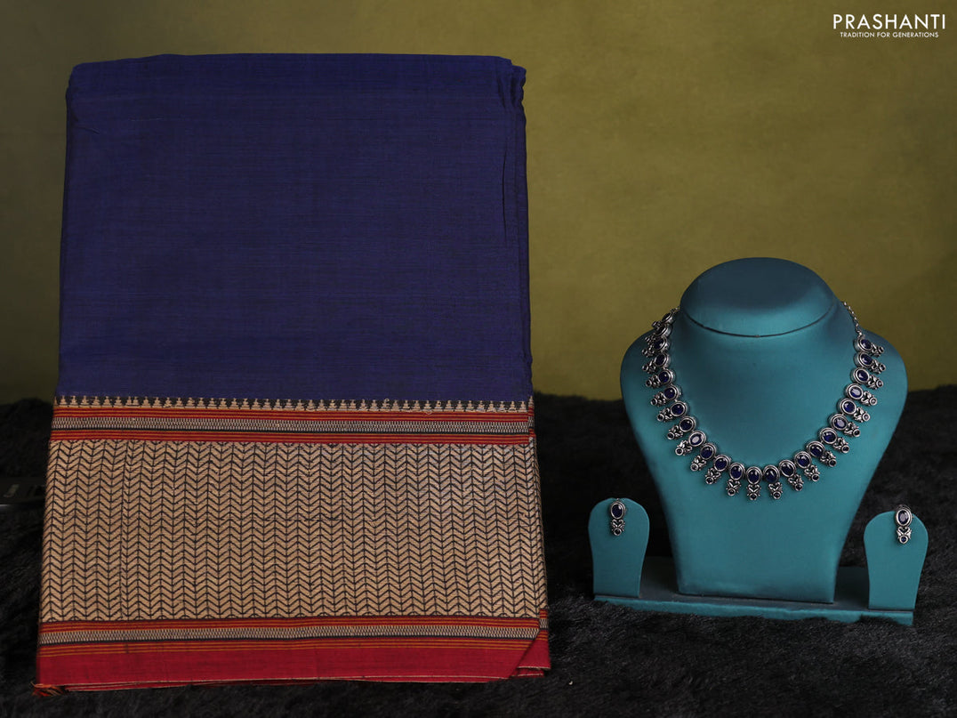 Blue narayanpet cotton saree with matching neck piece