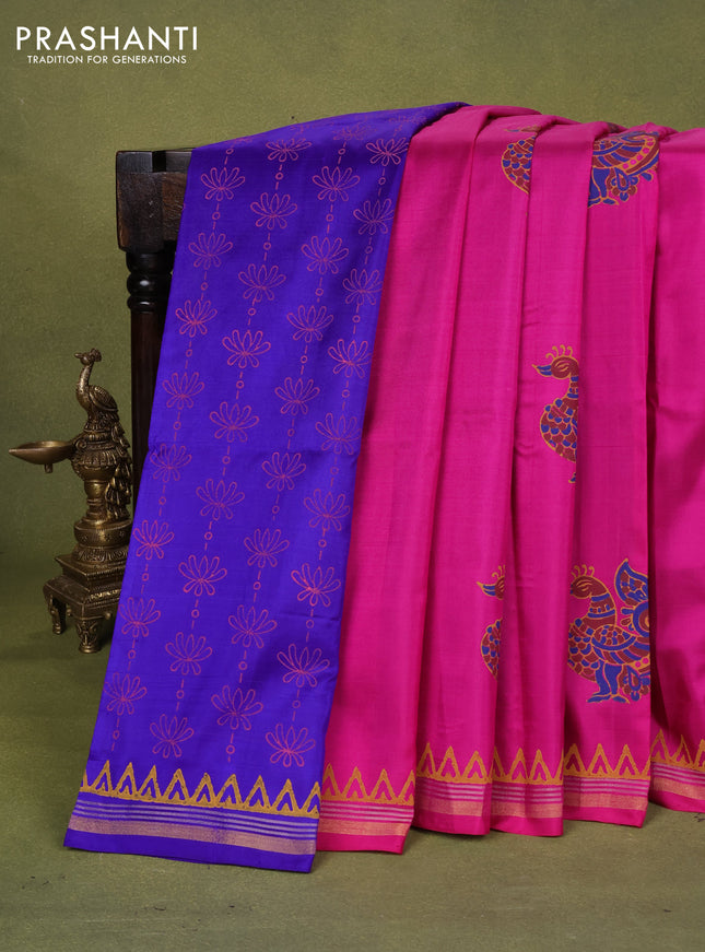 Uppada block printed partly silk saree pink and blue with annam butta prints and zari woven border