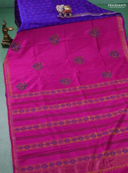 Uppada block printed partly silk saree pink and blue with annam butta prints and zari woven border