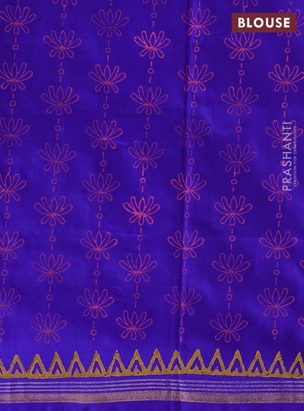 Uppada block printed partly silk saree pink and blue with annam butta prints and zari woven border