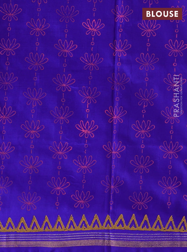 Uppada block printed partly silk saree pink and blue with annam butta prints and zari woven border