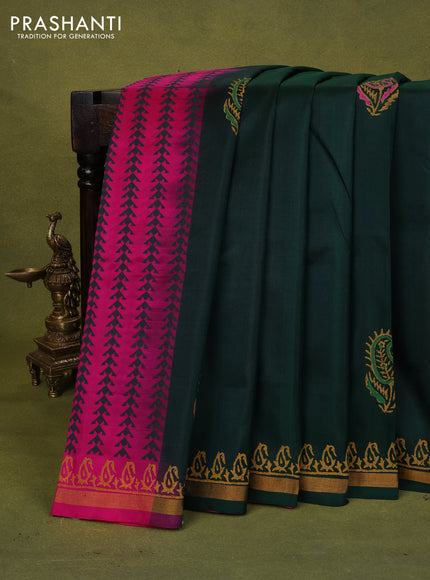 Uppada block printed partly silk saree bottle green and pink with paisley butta prints and zari woven border
