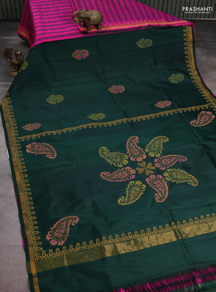 Uppada block printed partly silk saree bottle green and pink with paisley butta prints and zari woven border