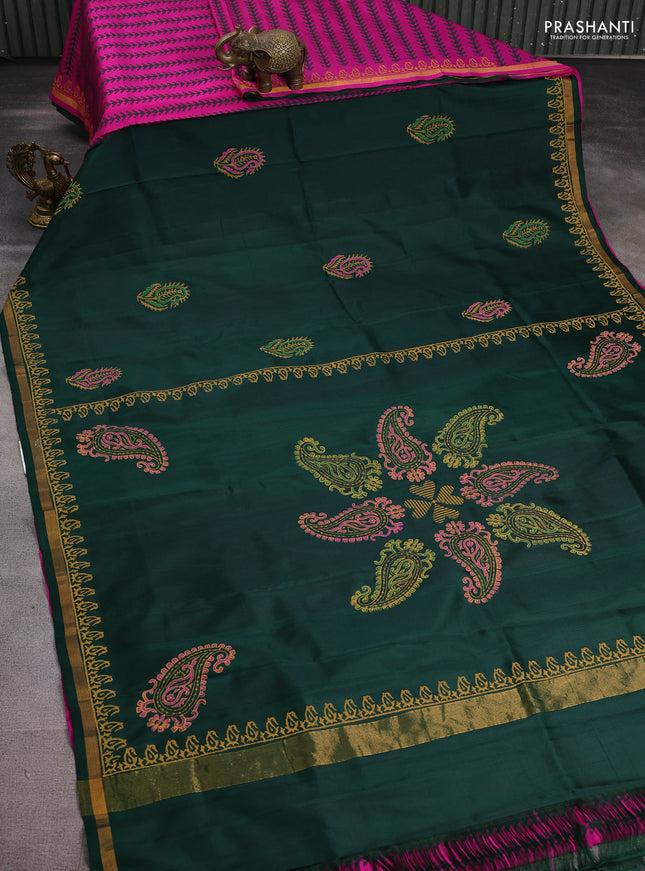 Uppada block printed partly silk saree bottle green and pink with paisley butta prints and zari woven border