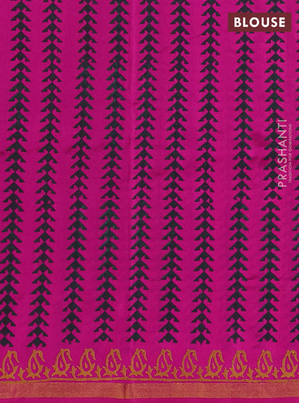 Uppada block printed partly silk saree bottle green and pink with paisley butta prints and zari woven border