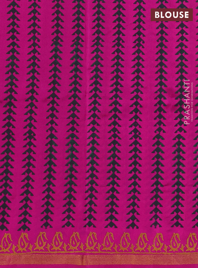 Uppada block printed partly silk saree bottle green and pink with paisley butta prints and zari woven border