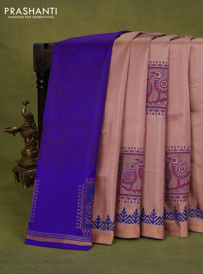 Uppada block printed partly silk saree beige and blue with butta prints and zari woven border