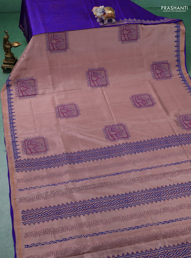 Uppada block printed partly silk saree beige and blue with butta prints and zari woven border