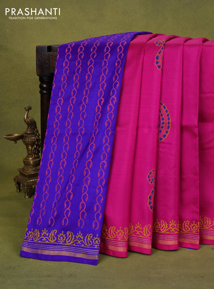 Uppada block printed partly silk saree pink and blue with paisley butta prints and zari woven border