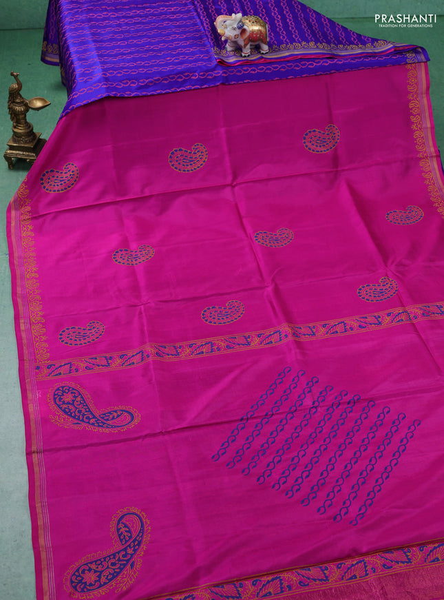 Uppada block printed partly silk saree pink and blue with paisley butta prints and zari woven border