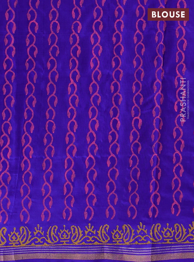 Uppada block printed partly silk saree pink and blue with paisley butta prints and zari woven border