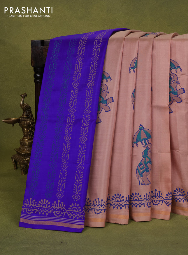 Uppada block printed partly silk saree beige and blue with elephant butta prints and zari woven border