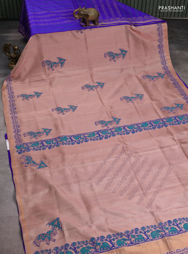 Uppada block printed partly silk saree beige and blue with elephant butta prints and zari woven border