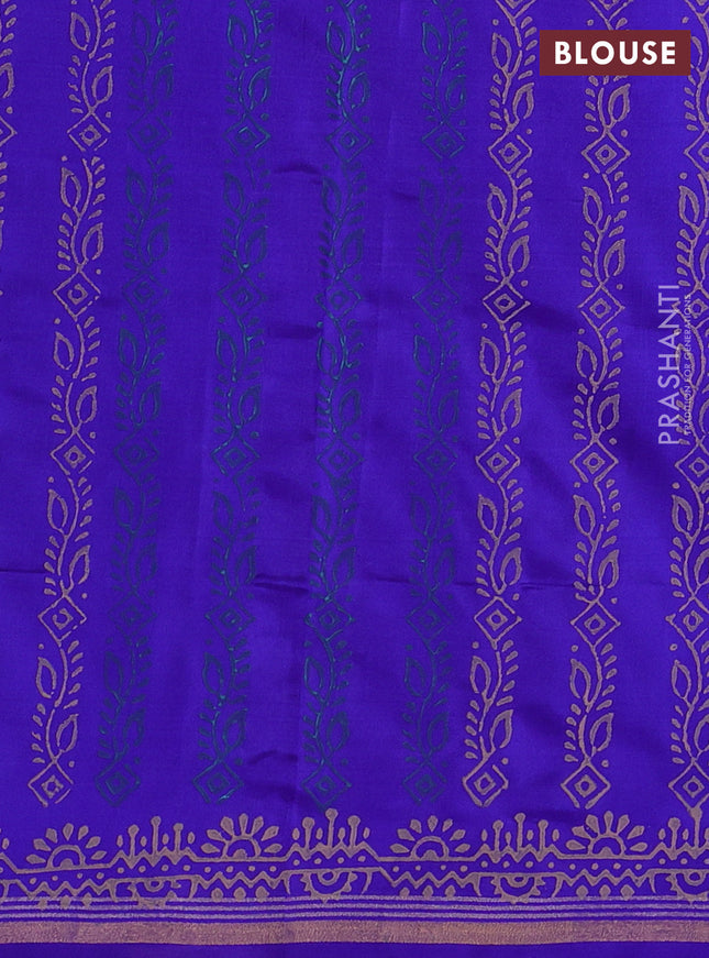 Uppada block printed partly silk saree beige and blue with elephant butta prints and zari woven border