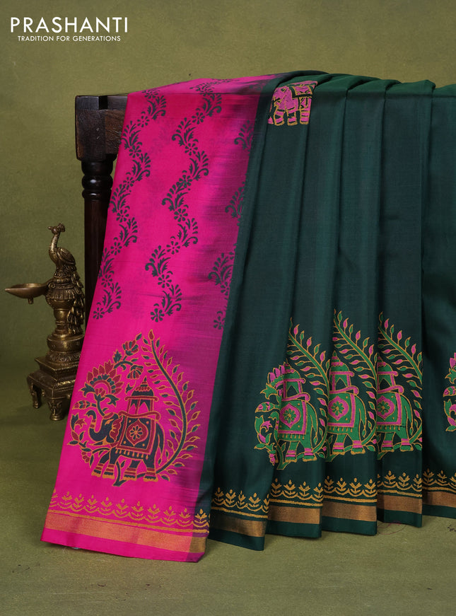 Uppada block printed partly silk saree bottle green and pink with elephant butta prints and zari woven border