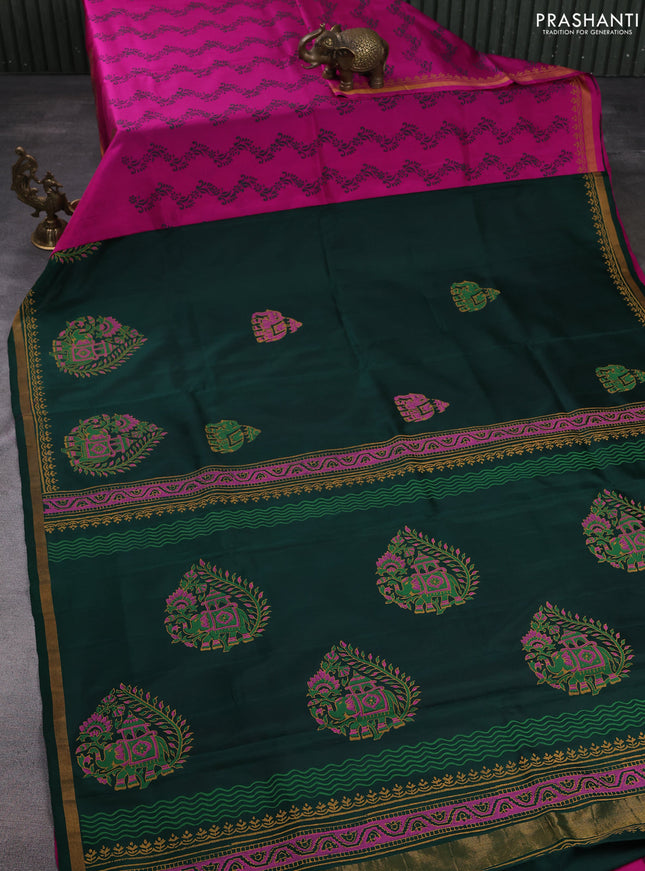 Uppada block printed partly silk saree bottle green and pink with elephant butta prints and zari woven border