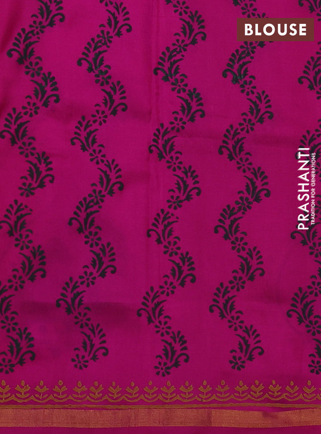 Uppada block printed partly silk saree bottle green and pink with elephant butta prints and zari woven border