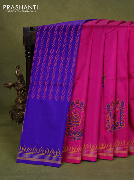 Uppada block printed partly silk saree pink and blue with peacock butta prints and zari woven border