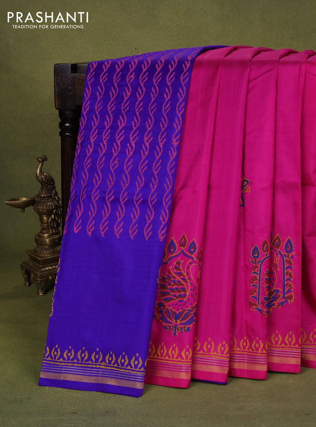 Uppada block printed partly silk saree pink and blue with peacock butta prints and zari woven border