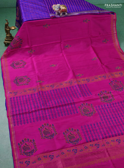 Uppada block printed partly silk saree pink and blue with peacock butta prints and zari woven border
