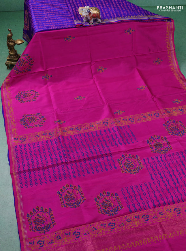 Uppada block printed partly silk saree pink and blue with peacock butta prints and zari woven border