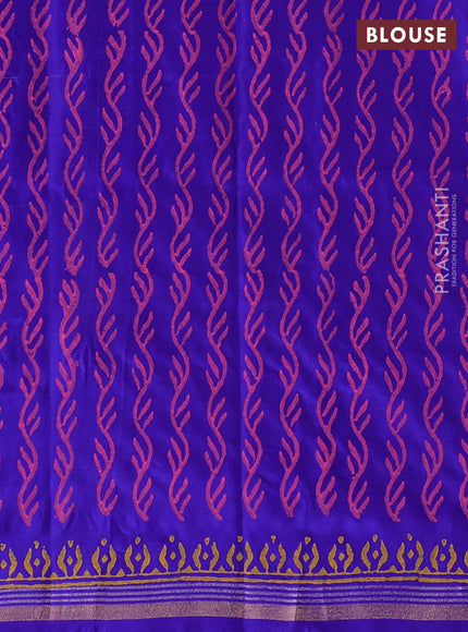 Uppada block printed partly silk saree pink and blue with peacock butta prints and zari woven border