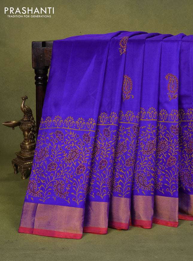 Uppada block printed silk saree blue and dual shade of pinkish orange with paisley butta prints and zari woven border