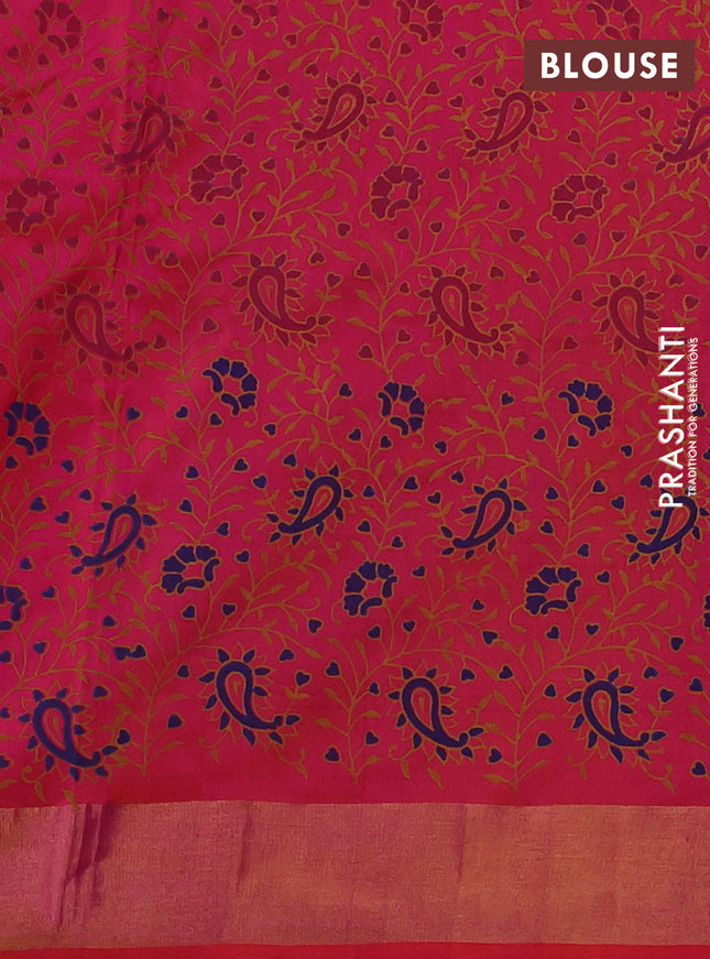Uppada block printed silk saree blue and dual shade of pinkish orange with paisley butta prints and zari woven border
