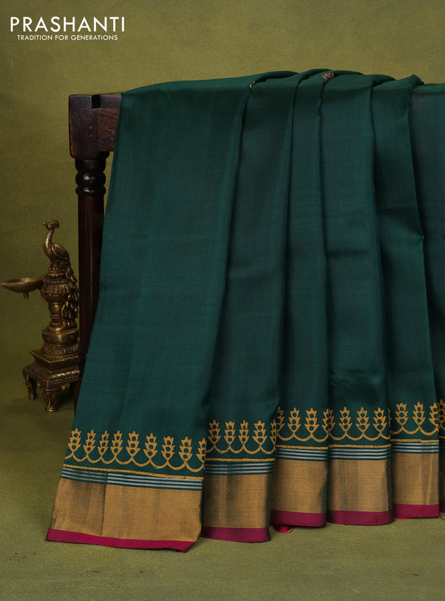 Uppada block printed silk saree green and pink with leaf butta prints and zari woven border