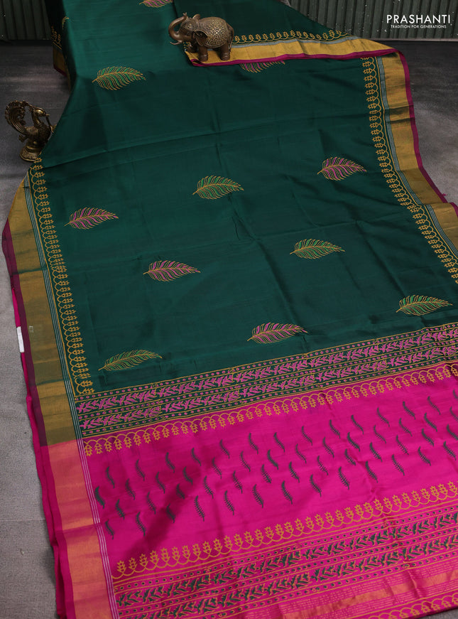 Uppada block printed silk saree green and pink with leaf butta prints and zari woven border